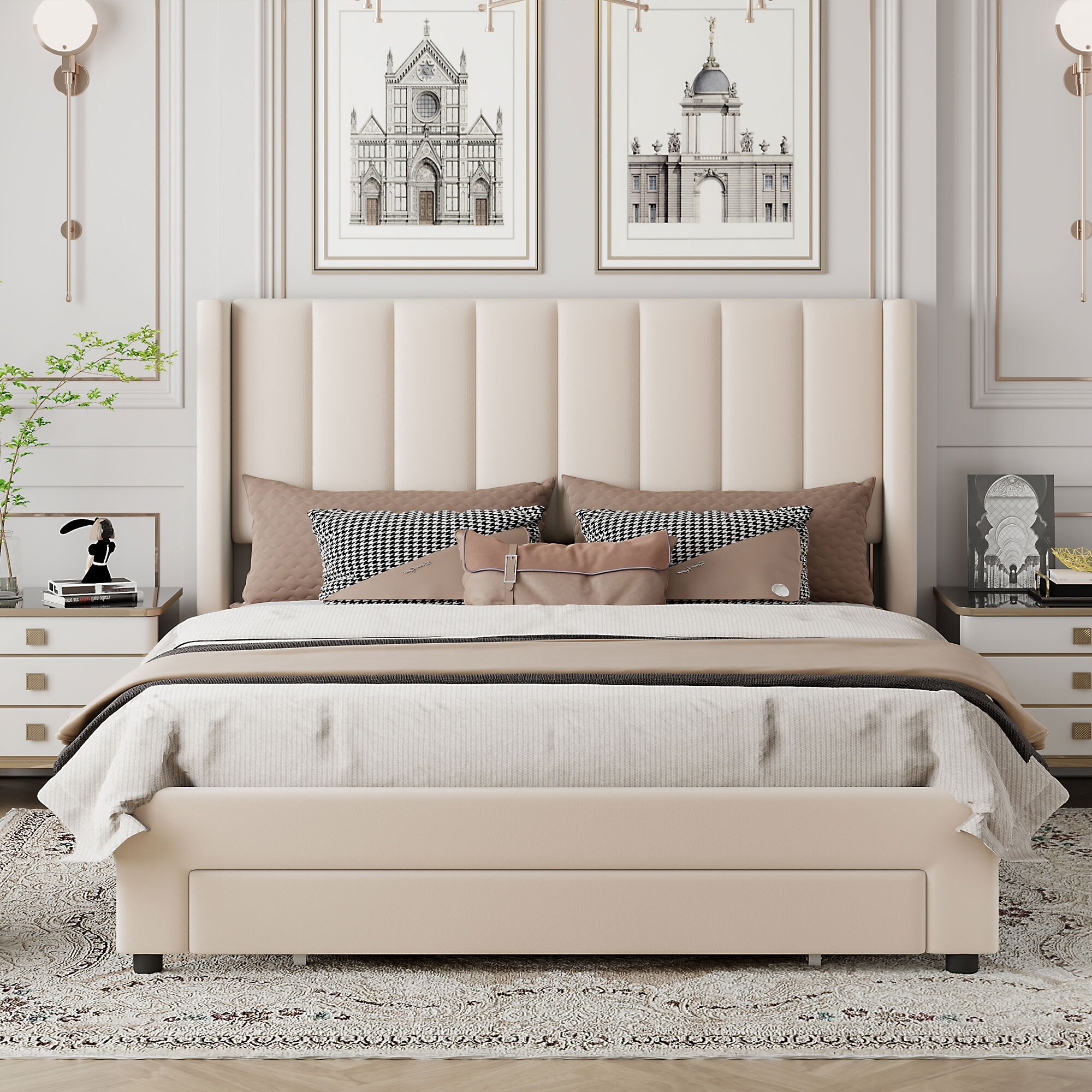 Queen Size Velvet Upholstered Platform Bed Frame w/a Big Drawer, Beige